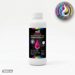 Premium PARS magenta DTF ink 1000ml bottle featuring sedimentation-free technology for vibrant and high-quality textile printing in the UK