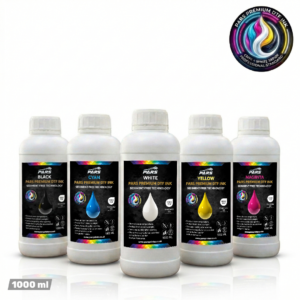 Premium PARS DTF ink set including Cyan, Magenta, Yellow, Black, and White 1000ml bottles with sedimentation-free technology for industrial textile printing in the UK
