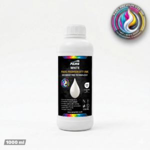 Premium PARS white DTF ink 1000ml bottle with high opacity and sedimentation-free technology for vibrant textile transfer printing in the UK