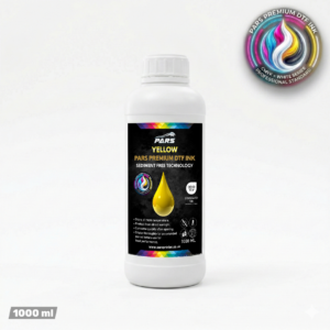 Premium PARS yellow DTF ink 1000ml bottle featuring sedimentation-free technology for vibrant and high-quality textile printing in the UK